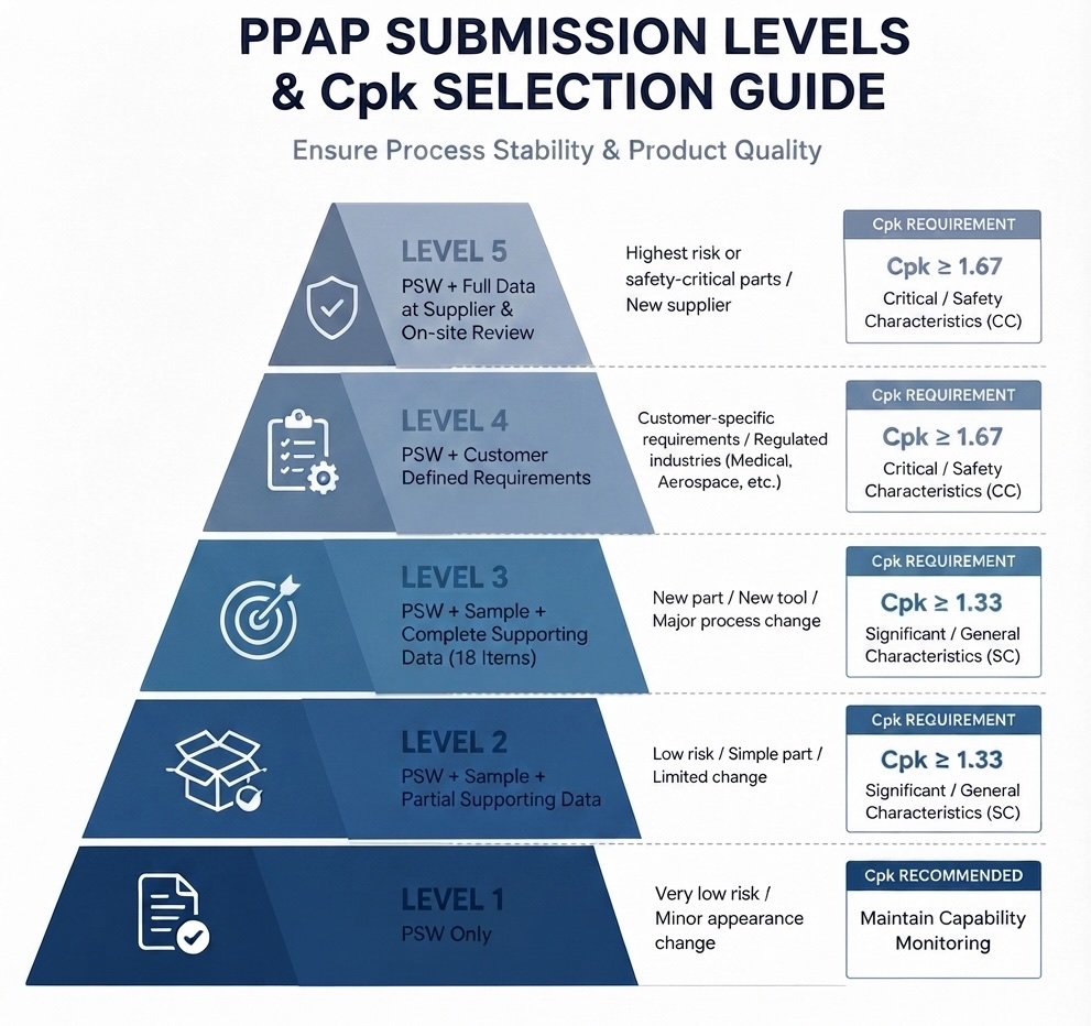 PPAP submission levels and Cpk selection guide